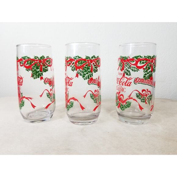 Coca Cola Classic Christmas Drinking Glass 16oz Valentino's Pizza 7" Vintage x3 - Picture 5 of 12